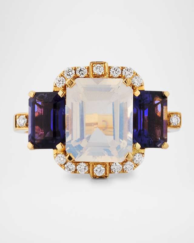 18K Yellow Gold Three Stone Moon Quartz and Iolite Ring with Diamonds